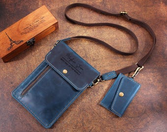 Leather Travel Pourch Wallet, Leather Neck Passport Bag, Handmade Leather Pouch with Small Card Wallet, Personalized Gifts for Men/Women