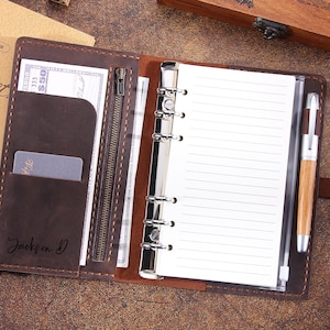 Handmade Refillable 6 Ring Binder Rustic Leather A6 Journal with Pen Holder, Personalized Leather A6 Planner Sketchbook Notebook