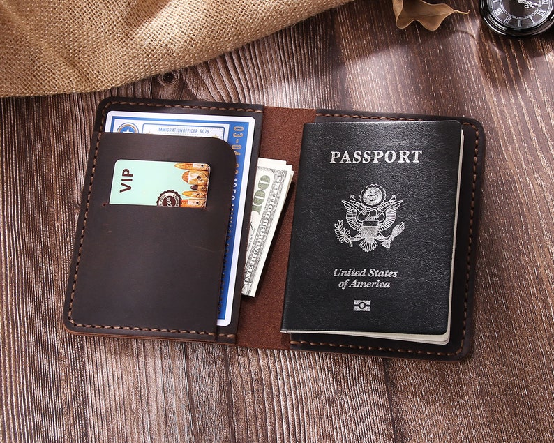 Cartera de cuero personalizada para pasaporte, billetera de viaje de cuero hecha a mano, estuche para pasaporte, porta pasaporte de cuero, billetera para documentos, regalo de graduación Coffee