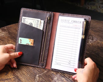 Lotus Print Server Book For Waitress & Waiter - Leather Organizer With Zipper Pocket & Pen Holder
