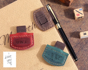 Magnetic Leather Pen Clip for Books & Notebooks, Engraved Handwriting Leather Pen Holder, Magnetic Bookmark, Anniversary Gift, Wedding Gift
