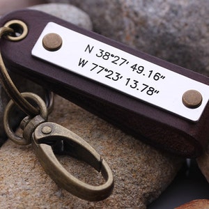 Latitude Longitude keychain - Mens GPS Leather Keychain - Leather key chain - Men's Valentines Gift- Valentine's Day Gift