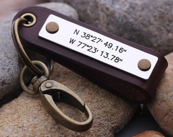 Latitude Longitude keychain - Mens GPS Leather Keychain - Leather key chain - Men's Valentines Gift- Valentine's Day Gift