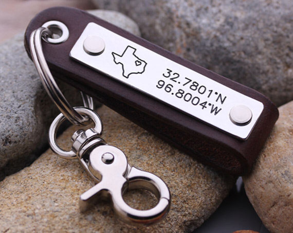 Personalized GPS Coordinate Keychain Leather Latitude Etsy