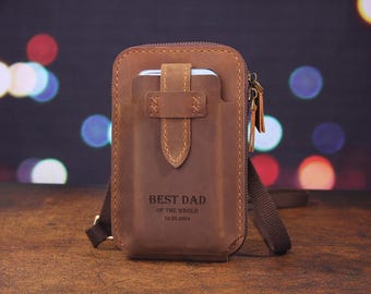 Personalized Leather Belt Pouch, Handmade Waist Bag, Leather Crossbody Bag with Card Holder, Custom Men&#39;s Phone Holster Bag, Gifts for Dad