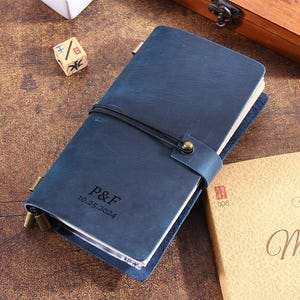 May include: A navy blue leather journal with a strap closure and brass accents. The cover is embossed with the initials "P&F" and the date "10.25.2024". The journal is lying on a brown surface next to a box and a book.