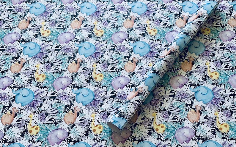 Zebra Hippo Elephant Giraffe Baby Shower Christmas Birthday Party Gift Wrap Tropical Safari Zoo Leaf Wrapping Paper Sheets Set of 3