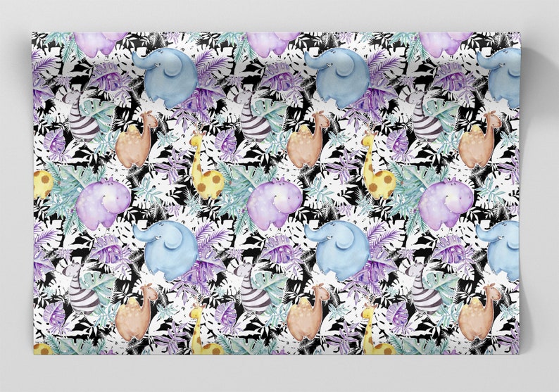 Zebra Hippo Elephant Giraffe Baby Shower Christmas Birthday Party Gift Wrap Tropical Safari Zoo Leaf Wrapping Paper Sheets Set of 3