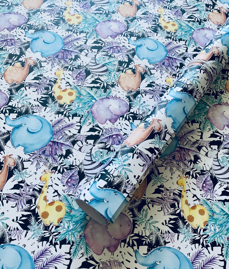 Zebra Hippo Elephant Giraffe Baby Shower Christmas Birthday Party Gift Wrap Tropical Safari Zoo Leaf Wrapping Paper Sheets Set of 3