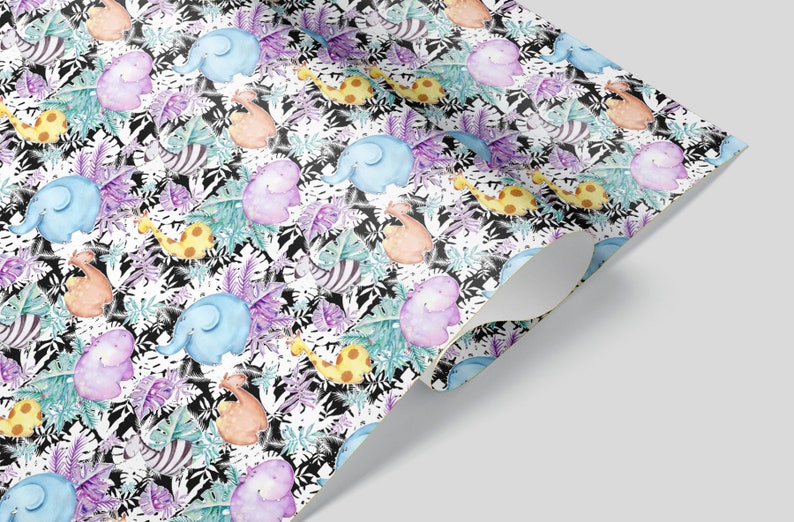 Zebra Hippo Elephant Giraffe Baby Shower Christmas Birthday Party Gift Wrap Tropical Safari Zoo Leaf Wrapping Paper Sheets Set of 3