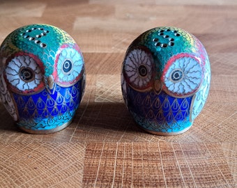 Vintage cloisonne owl pepper and salt shakers