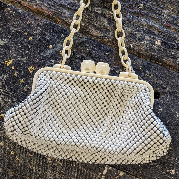 Vintage Whiting and Davis Alumesh Purse Bag Celluloid White Metal Mesh