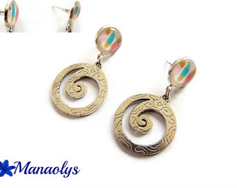 Stud Earrings, double cabochons, multicolored feathers 2859