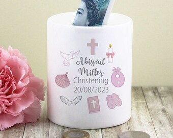 Personalised Baptism gift girl  / baby money box  / Christening keepsake girl/ baptism gift girl / money box size 9.5 x 8 cm