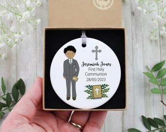 Personalized First Holy Communion Ornament: Boy in Grey Suit