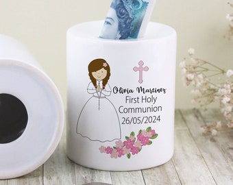 First communion girl money box / holy communion gift / personalised 1st communion gift / Christian gift / godchild / box size 9.5 x 8 cm