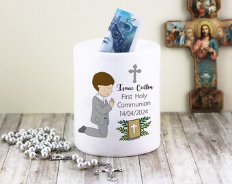 Praying Boy in grey suit - Boy First Holy Communion box / boy 1st Holy communion gift / ceramic box  size 9.5 x 8 cm