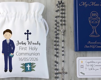 Personligt presentset för första nattvarden för pojkar: Rosenkrans, påse och mässbok