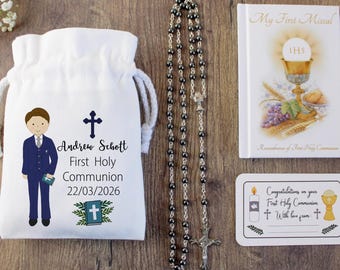 Personalised Boy Navy suit - First Holy Communion Gift Set: Rosary, Pouch bag & Gift Card