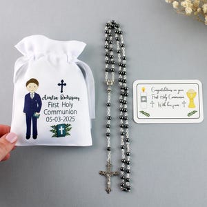 Personalisable Boy in Navy suit - First Holy Communion rosary & bag plus gift tag / boy Holy communion gift / boy rosary
