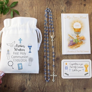 Set de regalo de rosario azul para Primera Comunión (bolsa personalizada)