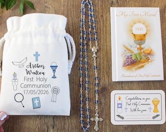 Blue First Holy Communion Rosary Gift Set - personalised pouch bag