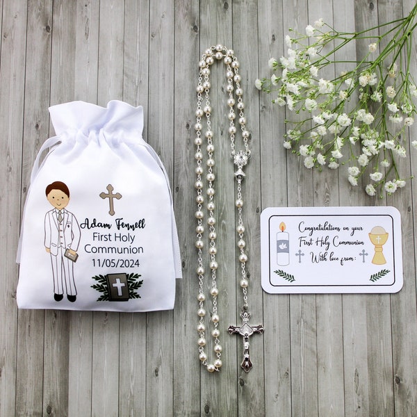 Personalised Boy in White suit - Boy First Holy Communion rosary & bag plus gift tag / boy Holy communion gift / boy rosary