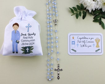 Personalisable Boy in Blue suit - First Holy Communion rosary & bag plus gift tag /Holy communion gift boy/rosary beads