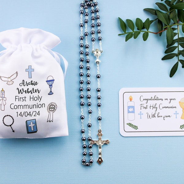 Personalised First Holy Communion rosary & bag plus gift tag / boy Holy communion gift / boy rosary
