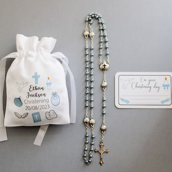 Christening Gift Set for boy : rosary, bag & gift tag / boy Baptism gift / boy Christening present / nephew Christening / Godchild gift