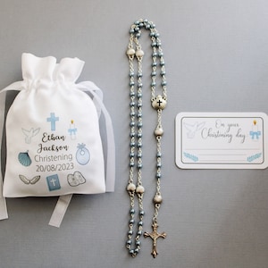 Christening Gift Set for boy : rosary, bag & gift tag / boy Baptism gift / boy Christening present / nephew Christening / Godchild gift