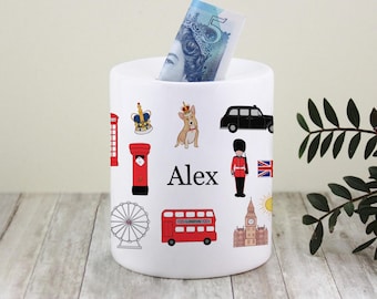 Hucha de cerámica personalizada de Londres - Hucha con iconos de Londres - Regalo británico para niños y adultos