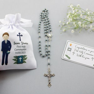 Personalisable Boy in Navy suit - First Holy Communion rosary & bag plus gift tag / boy Holy communion gift / boy rosary