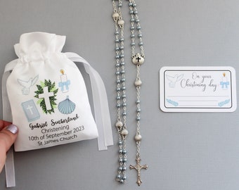 Boy Baptism Keepsakes Gift Set : boy rosary, personalised bag & cute gift tag / Christening boy gifts / Godson gift / Godchild gift