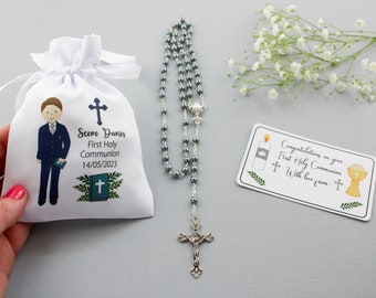 Personalisable Boy in Navy suit - First Holy Communion rosary & bag plus gift tag / boy Holy communion gift / boy rosary