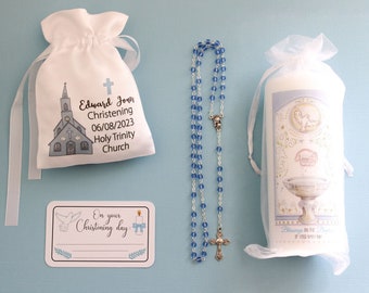 Boy Baptism Gift Set : rosary, bag & gift tag / boy Christening gift / boy rosary / boy Christening candle / Christening gift boy