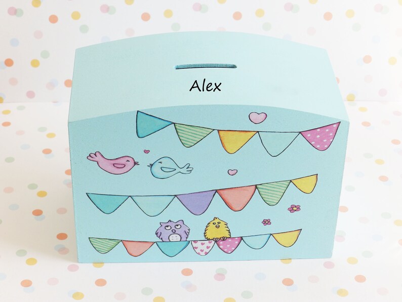 Wooden Money Box Personalised Money Box Bunting Nursery Money Box Child Money Box Children Money Box - 