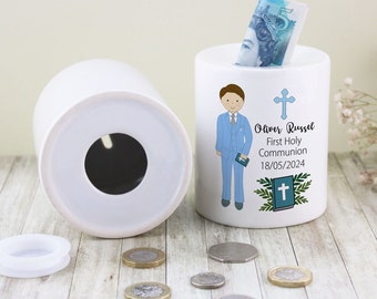 Boy 1st Holy Communion ceramic money box / personalized Holy communion box / First Holy Communion gift for boy / box size 9.5 x 8 cm