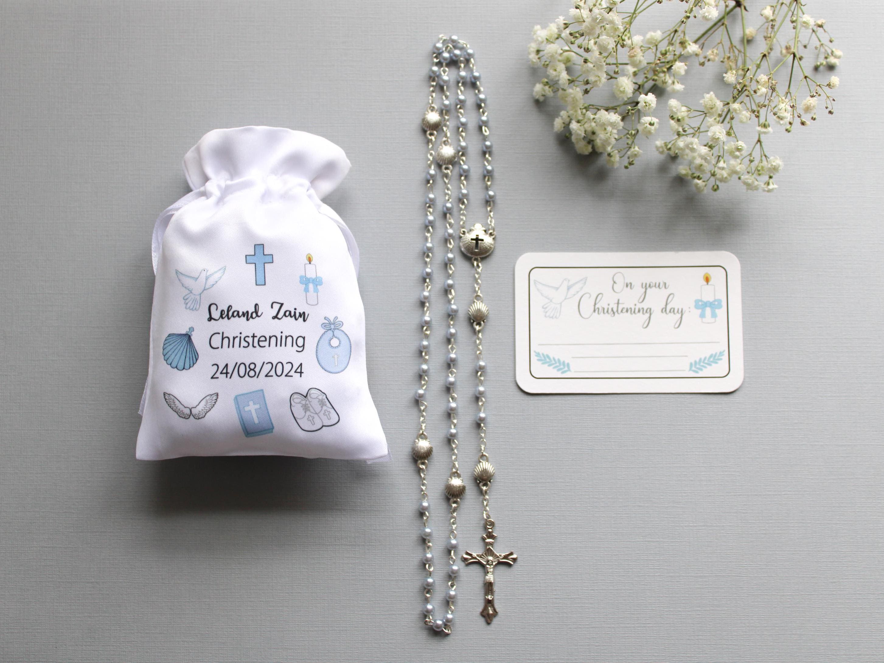 Christening Gift Set for boy : rosary, bag & gift tag / boy Baptism gift / boy Christening present / nephew Christening / Godchild gift