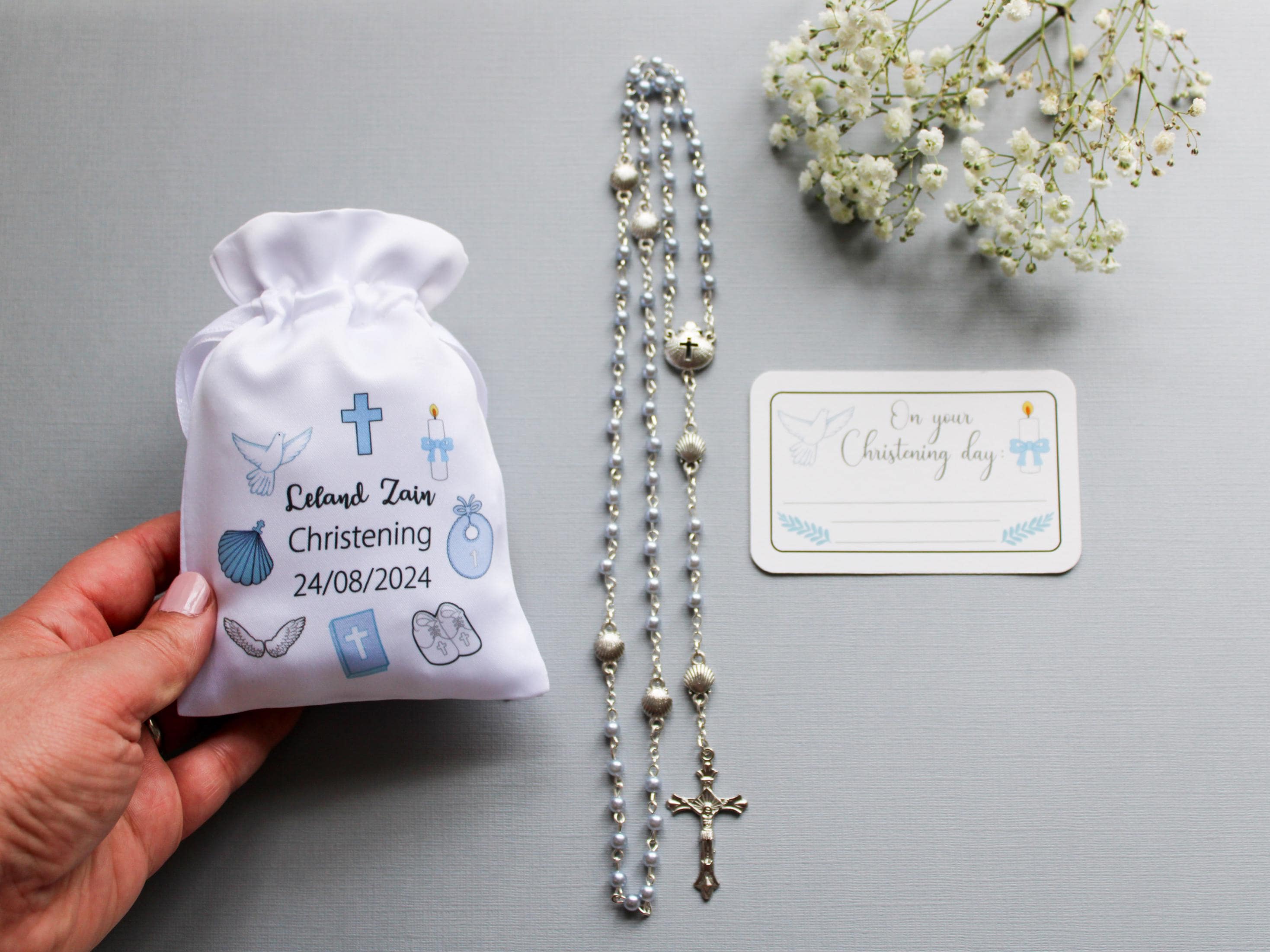 Christening Gift Set for boy : rosary, bag & gift tag / boy Baptism gift / boy Christening present / nephew Christening / Godchild gift