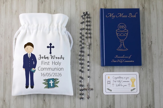 Personalized Boy's First Holy Communion Gift Set: Rosary, Pouch & Mass Book