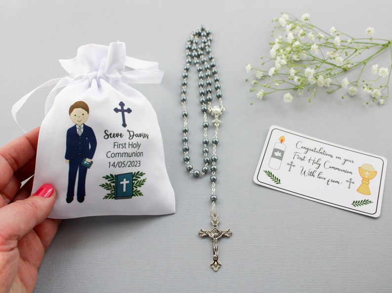 Personalisable Boy in Navy suit First Holy Communion rosary & bag plus gift tag / boy Holy communion gift / boy rosary image 1