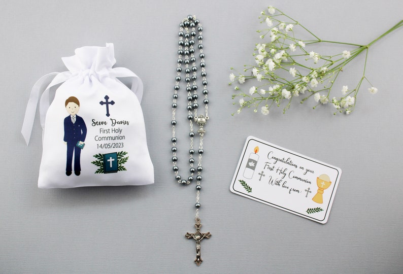Personalisable Boy in Navy suit First Holy Communion rosary & bag plus gift tag / boy Holy communion gift / boy rosary image 7