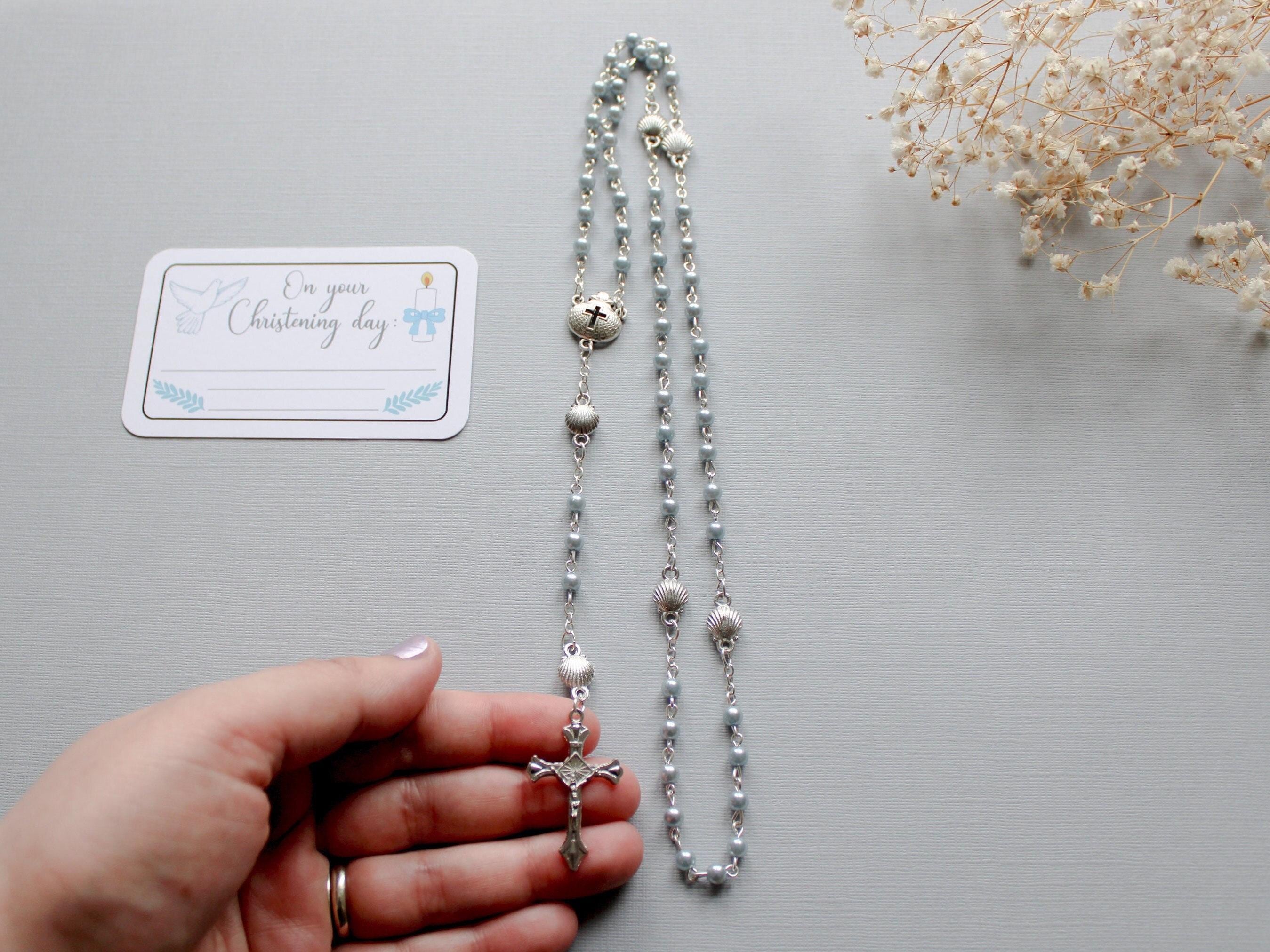 Christening Gift Set for boy : rosary, bag & gift tag / boy Baptism gift / boy Christening present / nephew Christening / Godchild gift