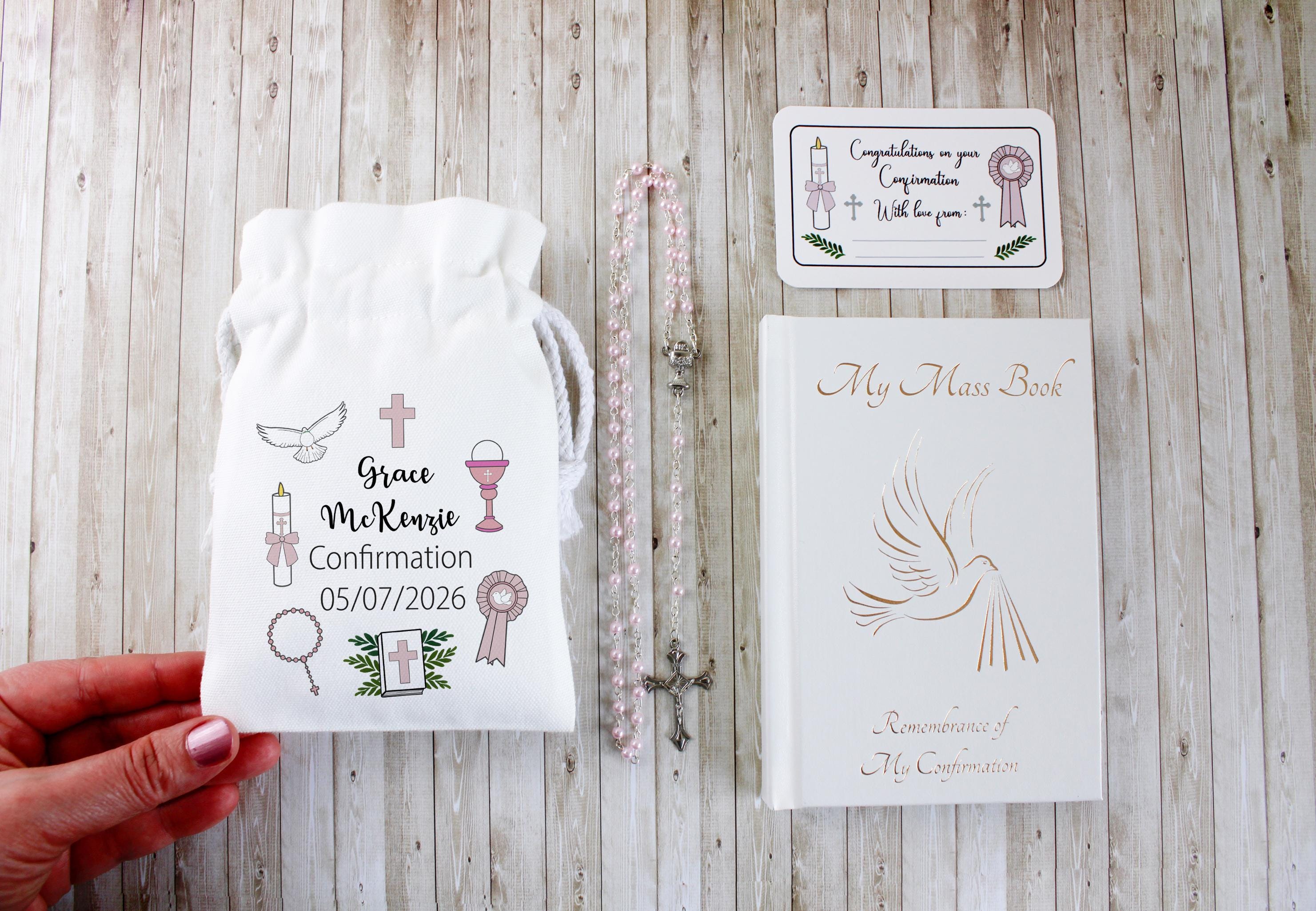 Girl Confirmation Gift Set with Rosary, personalised bag & gift card - add on mass book