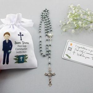 Personalisable Boy in Navy suit First Holy Communion rosary & bag plus gift tag / boy Holy communion gift / boy rosary image 5