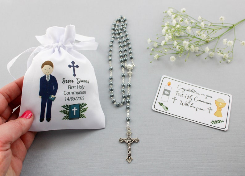 Personalisable Boy in Navy suit First Holy Communion rosary & bag plus gift tag / boy Holy communion gift / boy rosary image 5