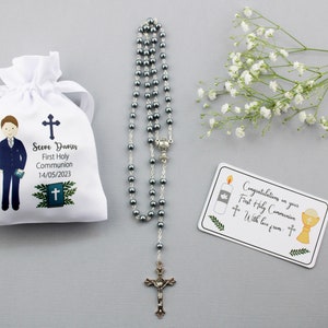 Personalisable Boy in Navy suit First Holy Communion rosary & bag plus gift tag / boy Holy communion gift / boy rosary image 8