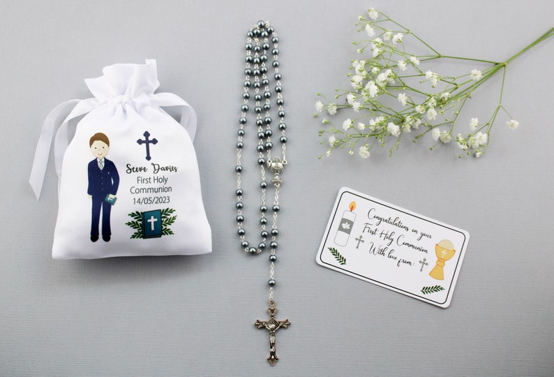 Personalisable Boy in Navy suit First Holy Communion rosary & bag plus gift tag / boy Holy communion gift / boy rosary image 8