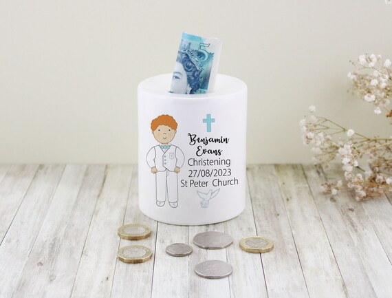 Hucha de cerámica personalizada para bautizo: regalo para niño con pelo  rizado